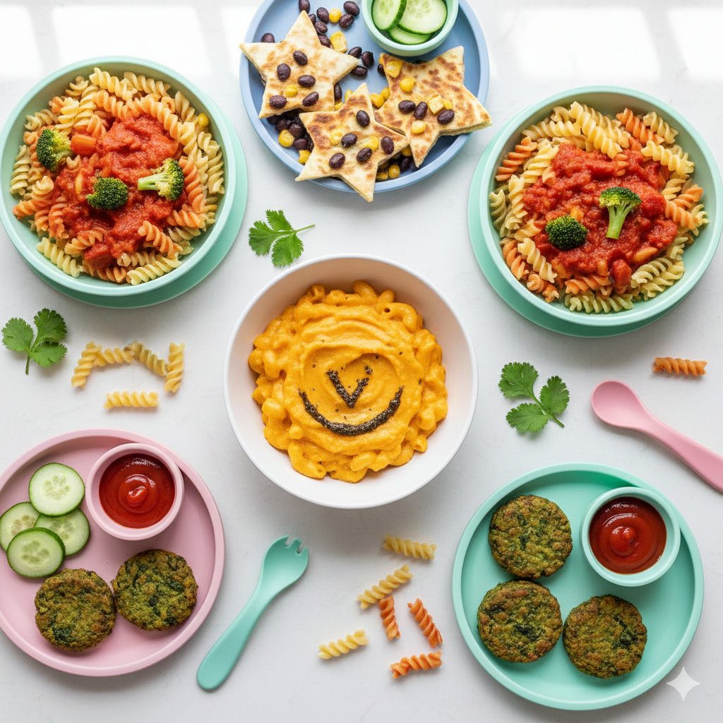 Flat-lay image of a kid-friendly vegetarian dinner featuring black bean and corn quesadillas cut into shapes, with fresh toppings and fruit skewers.
