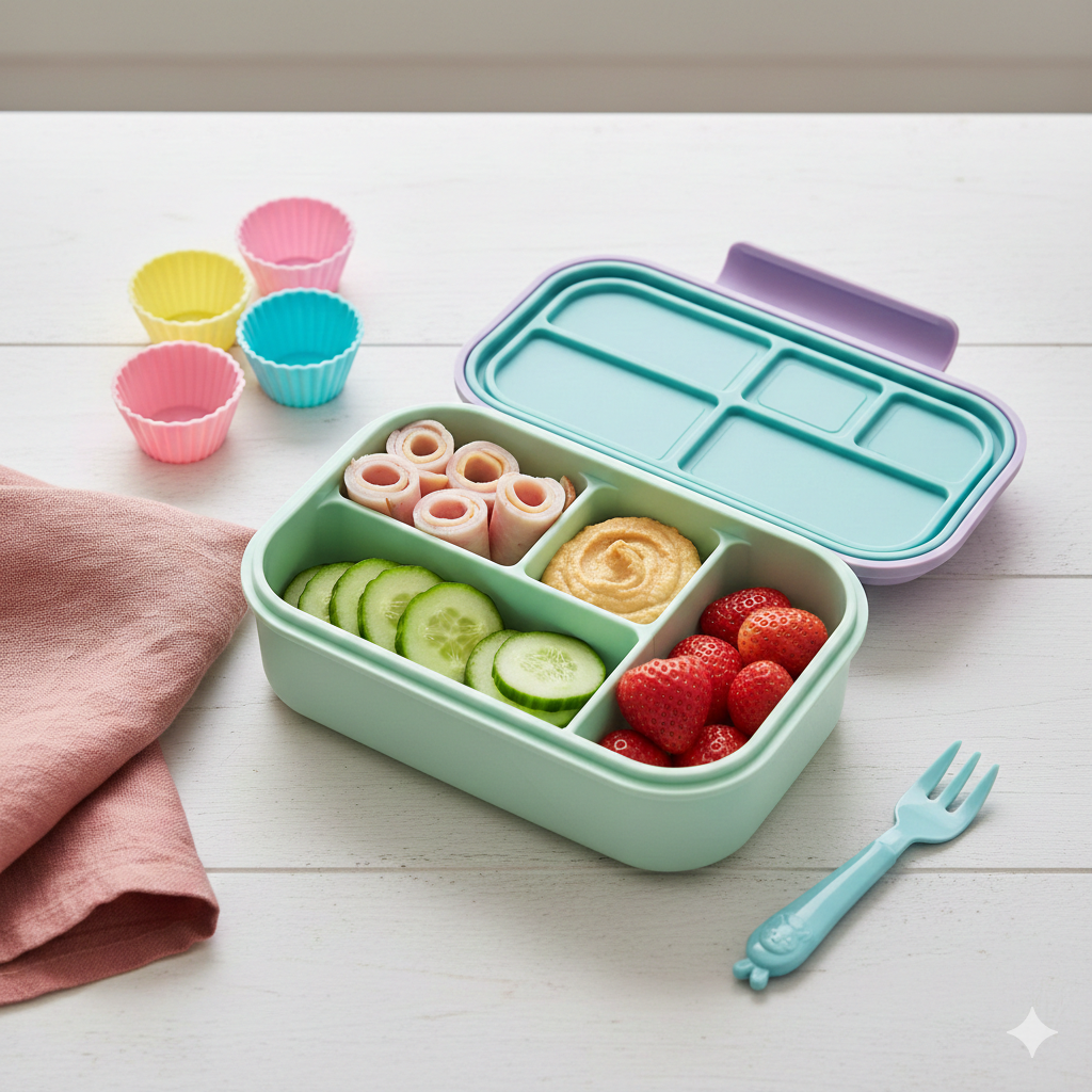 An open, colorful Yumbox Classic lunch box flat-lay, filled with healthy, easy-to-pack food for kids.