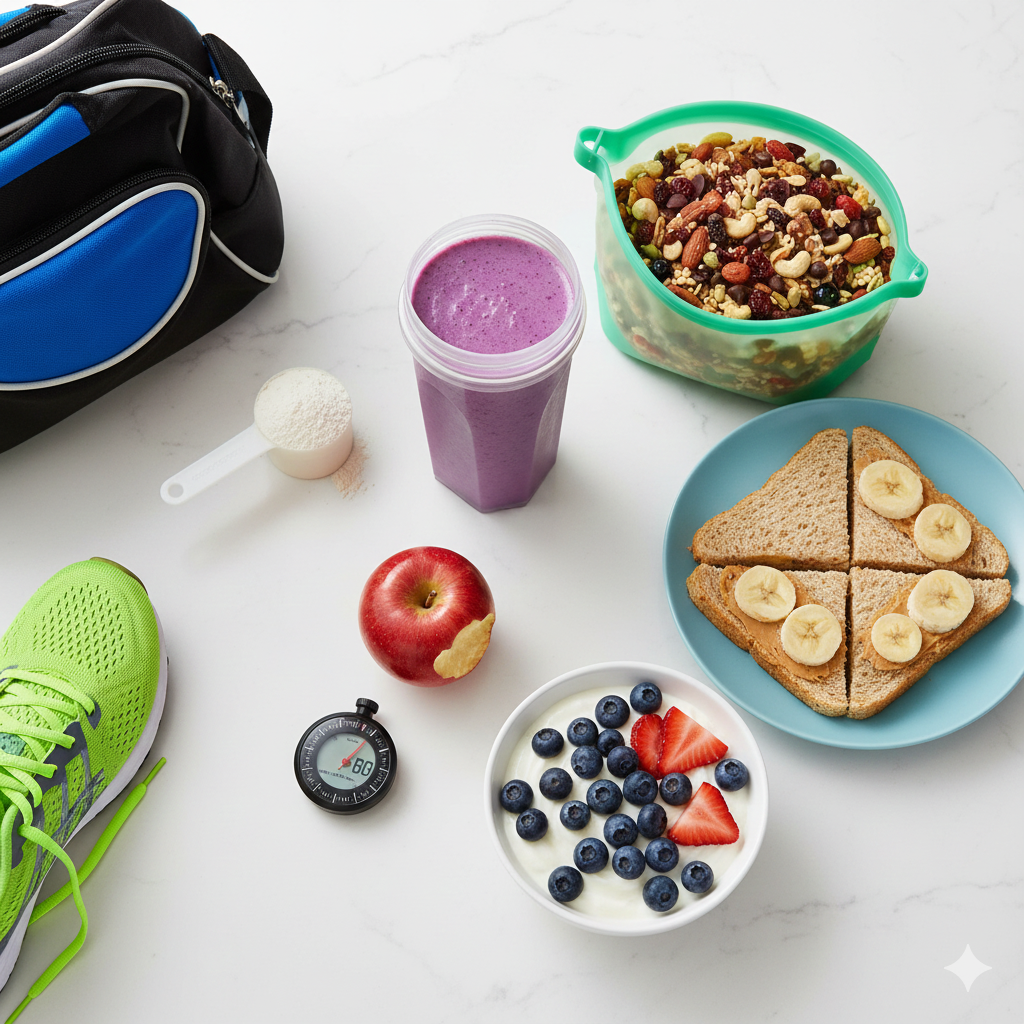 Flat-lay photo of healthy pre- and post-workout snacks for teen athletes, including a protein smoothie, trail mix, and yogurt.