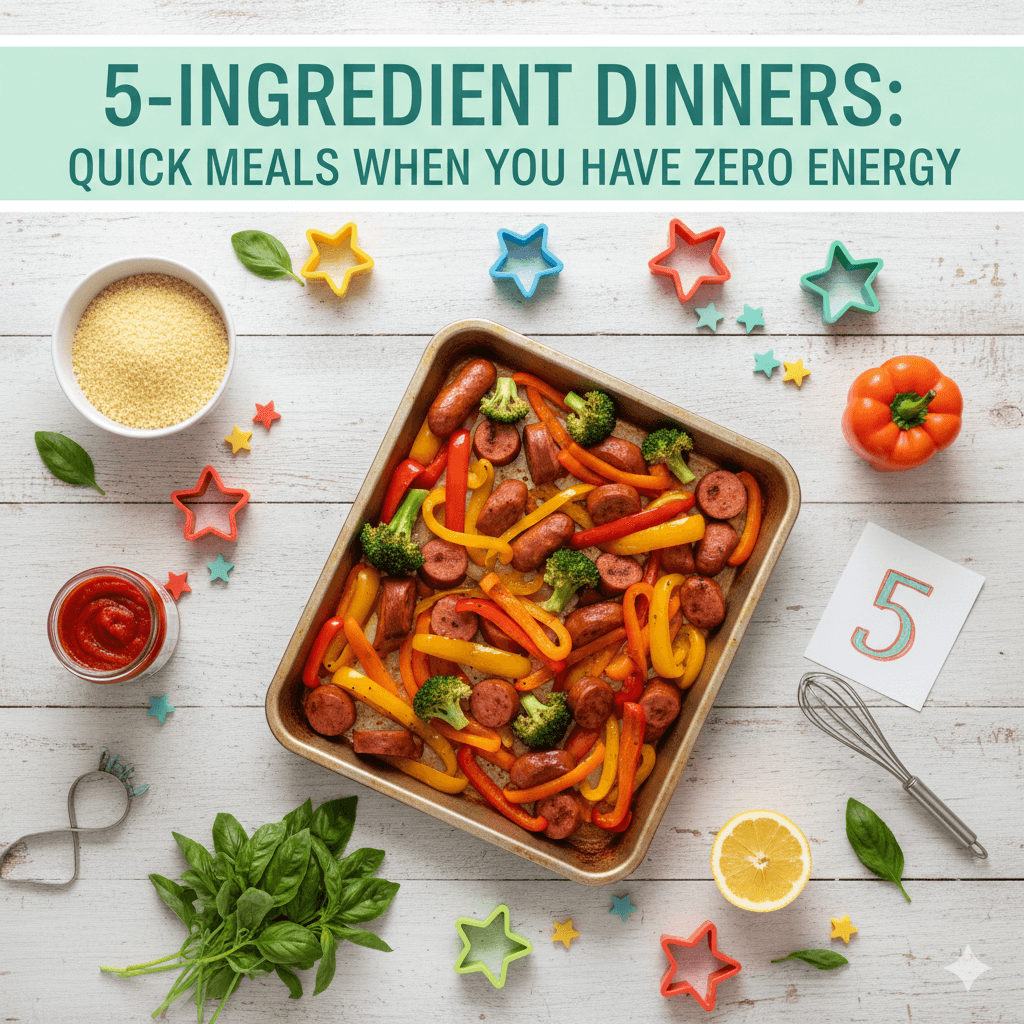 A high-angle flat lay of a colorful 5-ingredient sheet pan dinner with sausage, peppers, and broccoli on a white wooden table, styled with kid-friendly kitchen accessories for a parenting blog.