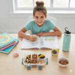 A young girl smiling at a desk with a homework book, a bright yellow visual timer, and a bento box filled with brain-boosting snacks like walnuts, berries, and ants on a log.