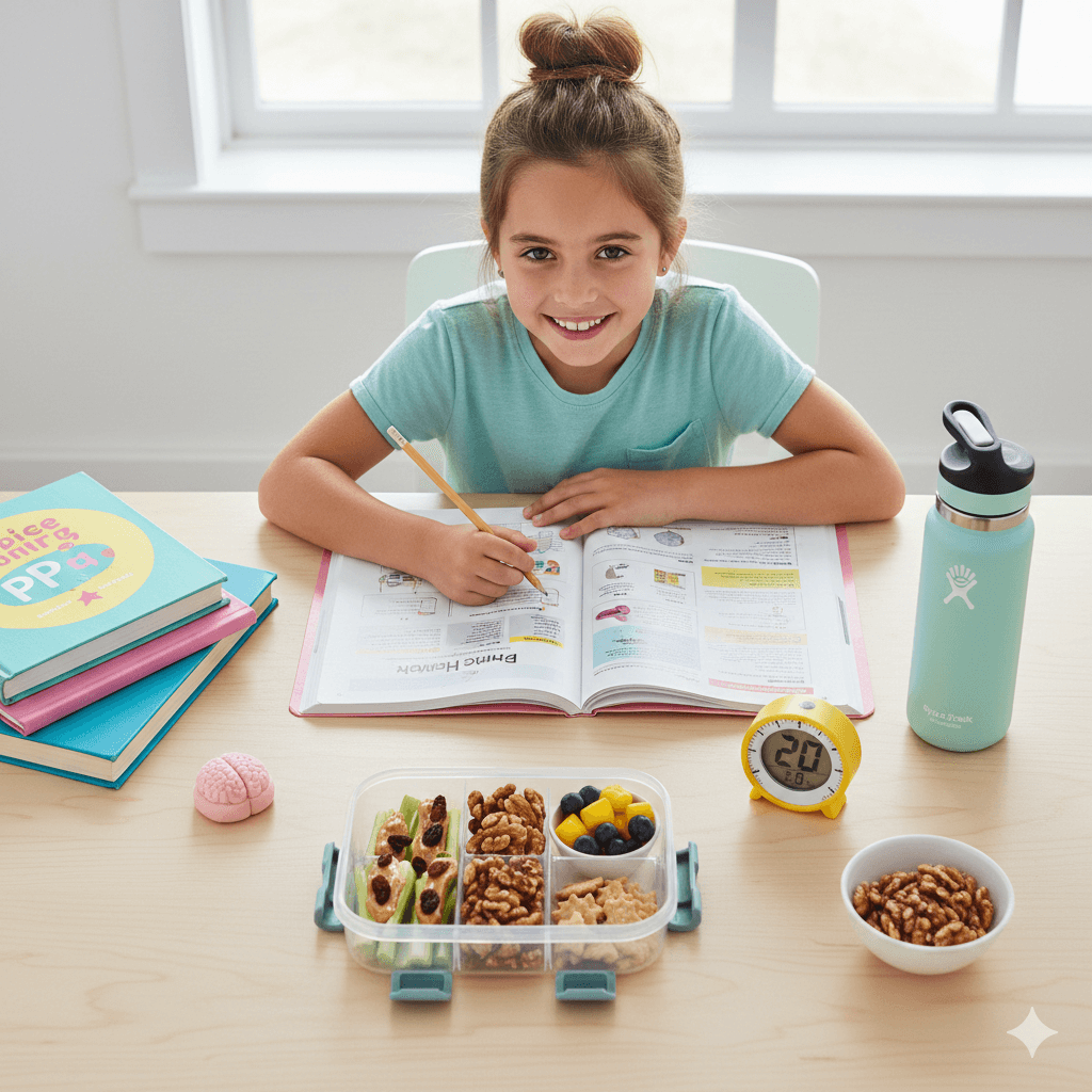 A young girl smiling at a desk with a homework book, a bright yellow visual timer, and a bento box filled with brain-boosting snacks like walnuts, berries, and ants on a log.