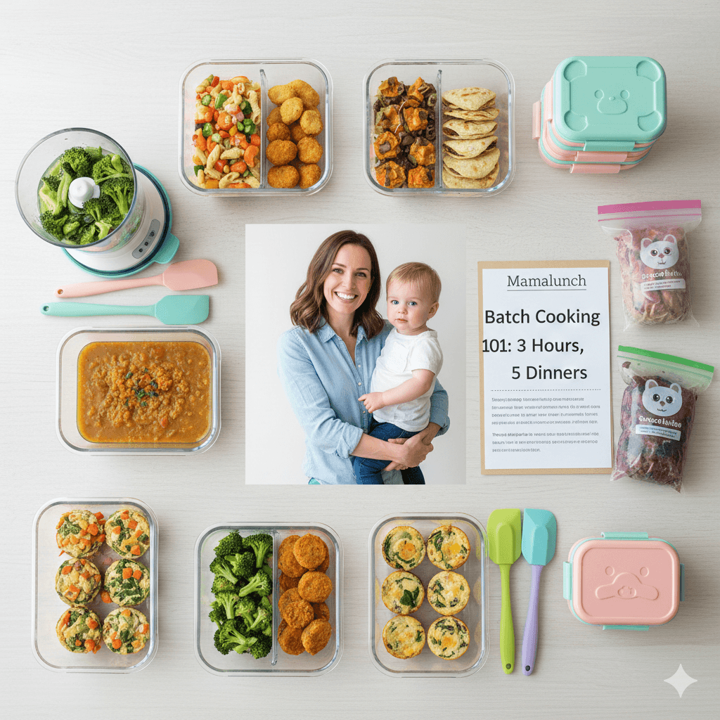 A bright, flat-lay view of five glass meal prep containers filled with kid-friendly dinners, including veggie pasta, broccoli, and egg muffins, styled with pastel kitchen accessories on a white marble countertop for Mamalunch.