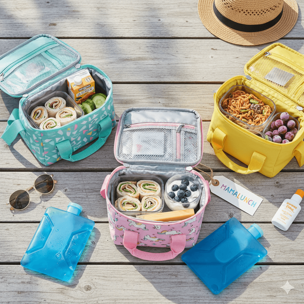 Top-rated insulated lunch bags for kids featuring turkey pinwheels, yogurt, and ice packs on a sunny wooden deck, demonstrating how to keep school lunch cold in summer.