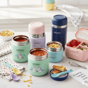 Alt Text: Thermos Funtainer 10 Ounce Food Jar in blue for kids' school lunch soup.