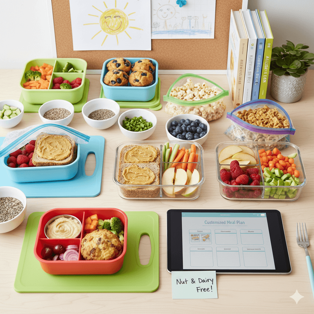 A flat-lay view of an allergy-friendly meal prep station featuring nut-free and dairy-free kids' lunches in colorful bento boxes, fresh fruit, and a digital meal planner on a tablet.