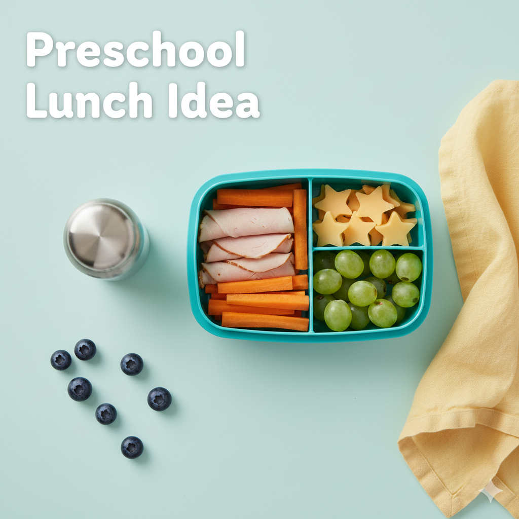A colorful bento box featuring nut-free preschool lunch ideas including turkey rolls, carrots, and fruit on a white table.