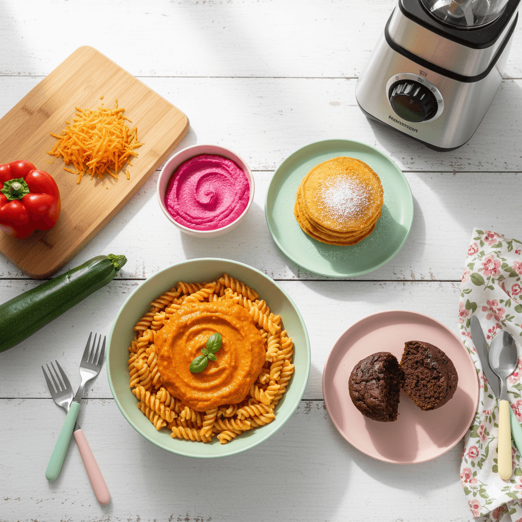 Flat-lay of kid-friendly dinner featuring veggie-loaded pasta, carrot pancakes, and zucchini muffins on a white wooden table.