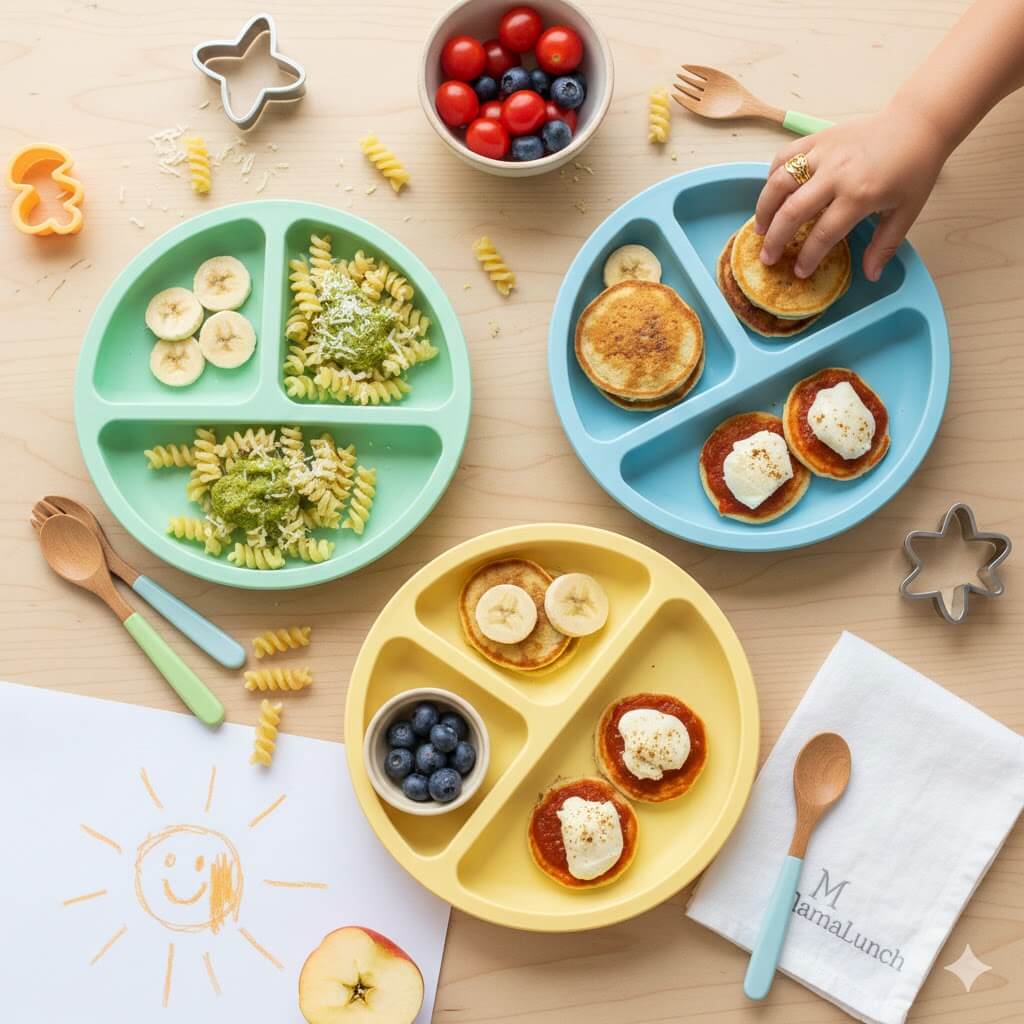A bright, overhead flat-lay of three pastel-colored suction plates containing simple 3-ingredient toddler meals like pesto pasta, banana pancakes, and mini pizzas on a light wood table.